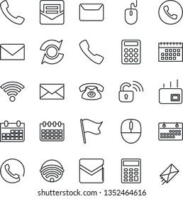 Thin Line Icon Set - phone vector, mail, mouse, calendar, call, wireless, update, calculator, lock, flag