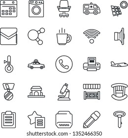 Thin Line Icon Set - phone vector, alarm car, plane, medal, microscope, ambulance, speaker, share, favorites list, hdmi, mail, calendar, clipboard, printer, pencil, sun panel, children room, coffee