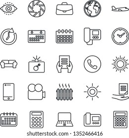 Thin Line Icon Set - phone vector, bomb in case, sun, plane, notebook pc, document, calendar, earth, video camera, cell, mobile, eye id, clock, calculator, cushioned furniture, heater, intercome