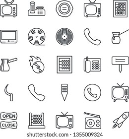 Thin Line Icon Set - phone vector, tv, abacus, stamp, sickle, plant label, reel, vinyl, flame disk, radio, call, office, open close, turkish coffee, rocket