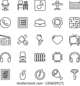 Thin Line Icon Set - phone vector, office chair, case, abacus, mouse, desk, stamp, fence, satellite, cargo container, tulip, radio, tv, headphones, heart, music, restaurant table, ham, chip, clock