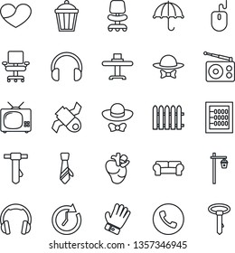 Thin Line Icon Set - phone vector, office chair, mouse, tie, fence, glove, garden light, real heart, satellite, umbrella, radio, headphones, abacus, cushioned furniture, tv, restaurant table, clock