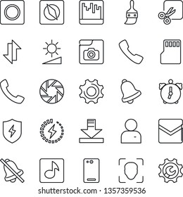 Thin Line Icon Set - phone back vector, call, mobile camera, protect, settings, themes, user, alarm, bell, mail, record, scanner, sd, data exchange, download, mute, brightness, cut, compass, face id
