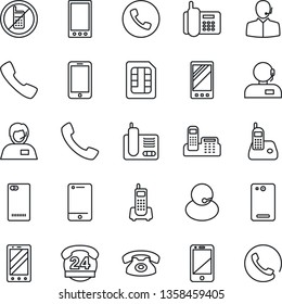 Thin Line Icon Set - phone vector, no mobile, office, 24 hours, support, cell, radio, back, call, sim