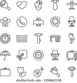 Thin Line Icon Set - phone vector, case, desk, tie, stamp, real heart, cargo container, umbrella, tulip, tv, cut, music, office chair, restaurant table, dress code, ham, clock