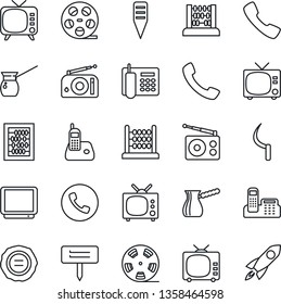 Thin Line Icon Set - phone vector, tv, abacus, stamp, sickle, plant label, reel, radio, call, office, turkish coffee, rocket