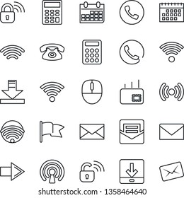Thin Line Icon Set - phone vector, right arrow, mail, mouse, calendar, download, wireless, calculator, lock, flag