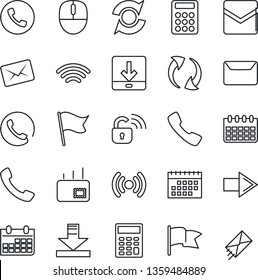 Thin Line Icon Set - phone vector, right arrow, mouse, calendar, call, update, mail, download, wireless, calculator, lock, flag