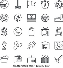 Thin Line Icon Set - phone vector, pennant, medal, stamp, rake, ladder, tree, seeds, virus, camera, hdmi, alarm, network, battery, mail, warehouse, heater, tv, wireless, factory, steaming pan, fan