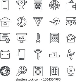 Thin Line Icon Set - phone back vector, sim, smart home, eco house, wireless, air conditioner, washer, thermometer, combination lock, usb flash, battery, consumer search, wallet, clock, pennon, tie