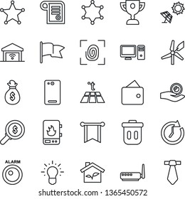 Thin Line Icon Set - phone back vector, eco house, fingerprint, water heater, router, pc, warm floor, garage gate control, police, trash bin, sun panel, windmill, alarm led, wallet, money bag, clock