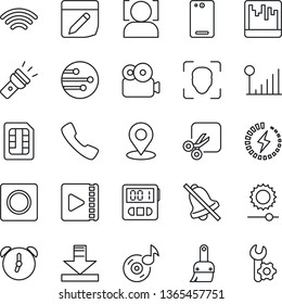 Thin Line Icon Set - phone back vector, call, themes, alarm, stopwatch, record, scanner, sim, network, notes, download, wireless, torch, mute, brightness, cut, place tag, face id, music, video