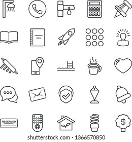Thin Line Icon Set - phone vector, book, pennant, drip irrigation, mobile tracking, shield, remote control, dialog, heart, paper pin, menu, bell, coffee, copybook, pool, reserved, rolling, eco house