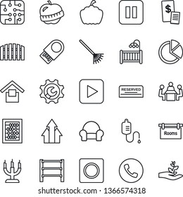 Thin Line Icon Set - phone vector, abacus, rake, pumpkin, dropper, diet, warehouse storage, rack, play button, pause, record, root setup, pie graph, meeting, fence, rooms, children room, reserved
