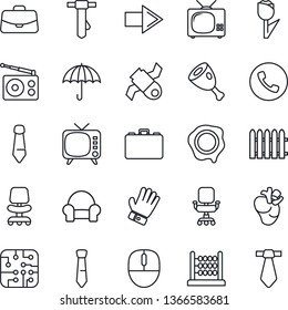 Thin Line Icon Set - phone vector, right arrow, office chair, case, mouse, tie, stamp, fence, glove, real heart, satellite, umbrella, tulip, radio, tv, abacus, cushioned furniture, ham, chip