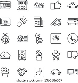 Thin Line Icon Set - phone vector, alarm car, baby, ladder, notebook pc, flower in pot, lady bug, bench, delivery, term, news, speaker, finger up, down, stopwatch, torch, fingerprint id, music