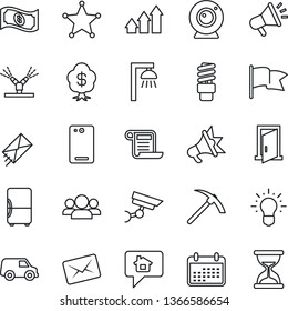 Thin Line Icon Set - phone back vector, irrigation, web camera, energy saving bulb, outdoor lamp, police, fridge, door, surveillance, home message, group, arrow up graph, idea, calendar, flag, cash