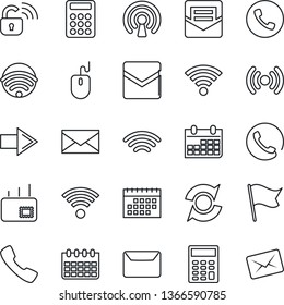 Thin Line Icon Set - phone vector, right arrow, mail, mouse, calendar, call, wireless, update, calculator, lock, flag