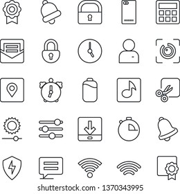 Thin Line Icon Set - phone back vector, message, protect, tuning, user, calculator, clock, alarm, stopwatch, bell, mail, download, wireless, brightness, cut, place tag, lock, eye id, music, battery