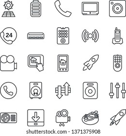 Thin Line Icon Set - phone vector, office, 24 hours, route, tv, video camera, speaker, battery, call, mobile, tuning, data exchange, download, sun panel, air conditioner, remote control, wireless