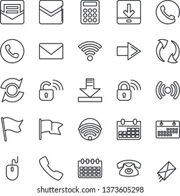 Thin Line Icon Set - phone vector, right arrow, mail, mouse, calendar, call, update, download, wireless, calculator, lock, flag