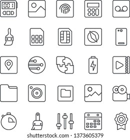 Thin Line Icon Set - phone back vector, mobile camera, gallery, tuning, themes, calculator, stopwatch, record, sim, network, folder, calendar, place tag, compass, fingerprint id, video, charge