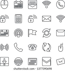 Thin Line Icon Set - phone vector, mail, mouse, calendar, call, update, download, wireless, calculator, lock, flag