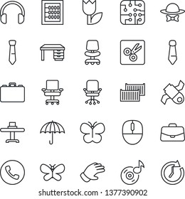 Thin Line Icon Set - phone vector, office chair, case, mouse, desk, tie, glove, butterfly, satellite, cargo container, umbrella, tulip, headphones, cut, music, abacus, restaurant table, dress code