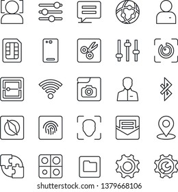 Thin Line Icon Set - phone back vector, message, settings, tuning, user, mail, scanner, sim, network, folder, wireless, cut, bluetooth, place tag, compass, face id, eye, fingerprint, photo gallery