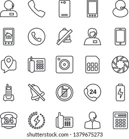 Thin Line Icon Set - phone vector, no mobile, office, 24 hours, support, tracking, back, call, camera, sim, mute, charge, home control app, combination lock