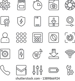 Thin Line Icon Set - phone back vector, call, menu, mobile camera, protect, tuning, user, calculator, stopwatch, mail, sd, download, wireless, brightness, compass, eye id, music, photo gallery