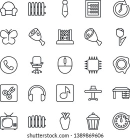 Thin Line Icon Set - phone vector, office chair, abacus, mouse, desk, tie, stamp, fence, butterfly, garden light, real heart, tulip, headphones, cut, music, cushioned furniture, tv, restaurant table