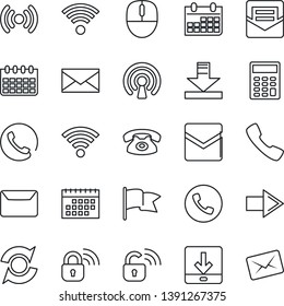 Thin Line Icon Set - phone vector, right arrow, mail, mouse, calendar, call, download, wireless, update, calculator, lock, flag