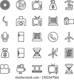 Thin Line Icon Set - phone vector, abacus, money bag, well, sickle, film frame, vinyl, tv, video camera, microphone, fireplace, fridge, windmill, sand clock