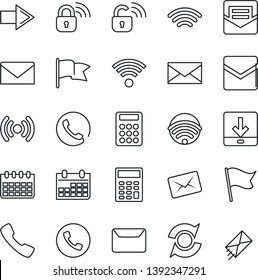 Thin Line Icon Set - phone vector, right arrow, mail, calendar, call, download, wireless, update, calculator, lock, flag