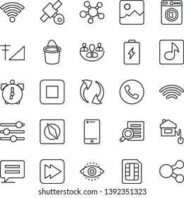 Thin Line Icon Set - phone vector, washer, document search, bucket, satellite, cell, share, stop button, fast forward, message, update, gallery, tuning, alarm, sim, wireless, compass, eye id, music