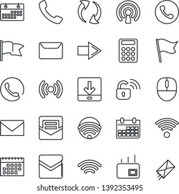 Thin Line Icon Set - phone vector, right arrow, mail, mouse, calendar, call, update, download, wireless, calculator, lock, flag