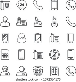 Thin Line Icon Set - phone vector, no mobile, office, 24 hours, support, cell, radio, back, call, sim