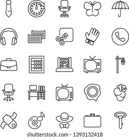 Thin Line Icon Set - phone vector, tv, office chair, case, abacus, desk, tie, stamp, glove, butterfly, garden light, real heart, satellite, cargo container, umbrella, headphones, cut, music, clock