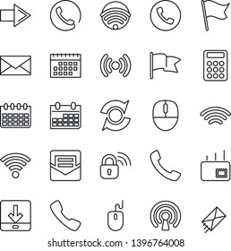 Thin Line Icon Set - phone vector, right arrow, mail, mouse, calendar, call, download, wireless, update, calculator, lock, flag