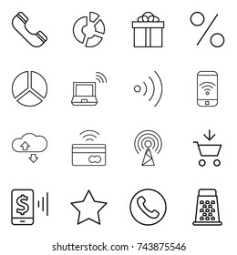 thin line icon set : phone, circle diagram, gift, percent, notebook wireless, cloude service, tap to pay, antenna, add cart, mobile, star, grater