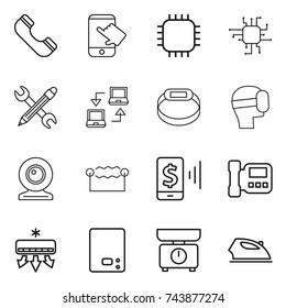 thin line icon set : phone, touch, chip, pencil wrench, notebook connect, smart bracelet, virtual mask, web cam, electrostatic, mobile pay, intercome, air conditioning, kitchen scales, iron