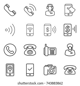 thin line icon set : phone, call, center, touch, wireless, pay, mobile, support manager, location, checking, camera