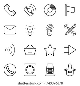 thin line icon set : phone, call, circle diagram, flag, mail, bulb, pencil wrench, wireless, remove from basket, star, right arrow, ring button, grater, apron