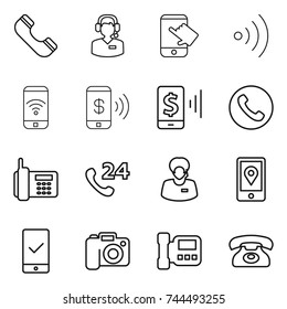 thin line icon set : phone, call center, touch, wireless, pay, mobile, 24, support manager, location, checking, camera, intercome