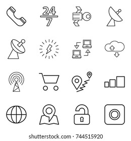 thin line icon set : phone, 24 7, satellite, antenna, lightning, notebook connect, cloude service, cart, route, sorting, globe, map, unlocked, ring button