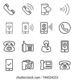 thin line icon set : phone, call, touch, wireless, pay, mobile, support manager, location, checking, camera, intercome