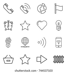thin line icon set : phone, call, circle diagram, flag, alarm clock, star, heart, bulb, globe connect, wireless, remove from basket, right arrow, radiator