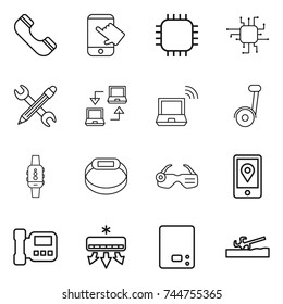 thin line icon set : phone, touch, chip, pencil wrench, notebook connect, wireless, segway, smart watch, bracelet, glasses, mobile location, intercome, air conditioning, kitchen scales, soil cutter