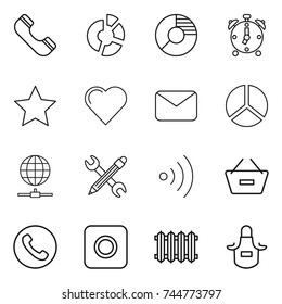 thin line icon set : phone, circle diagram, alarm clock, star, heart, mail, globe connect, pencil wrench, wireless, remove from basket, ring button, radiator, apron